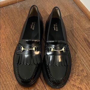 G.H. Bass Black Leather Loafers with Gold Accents